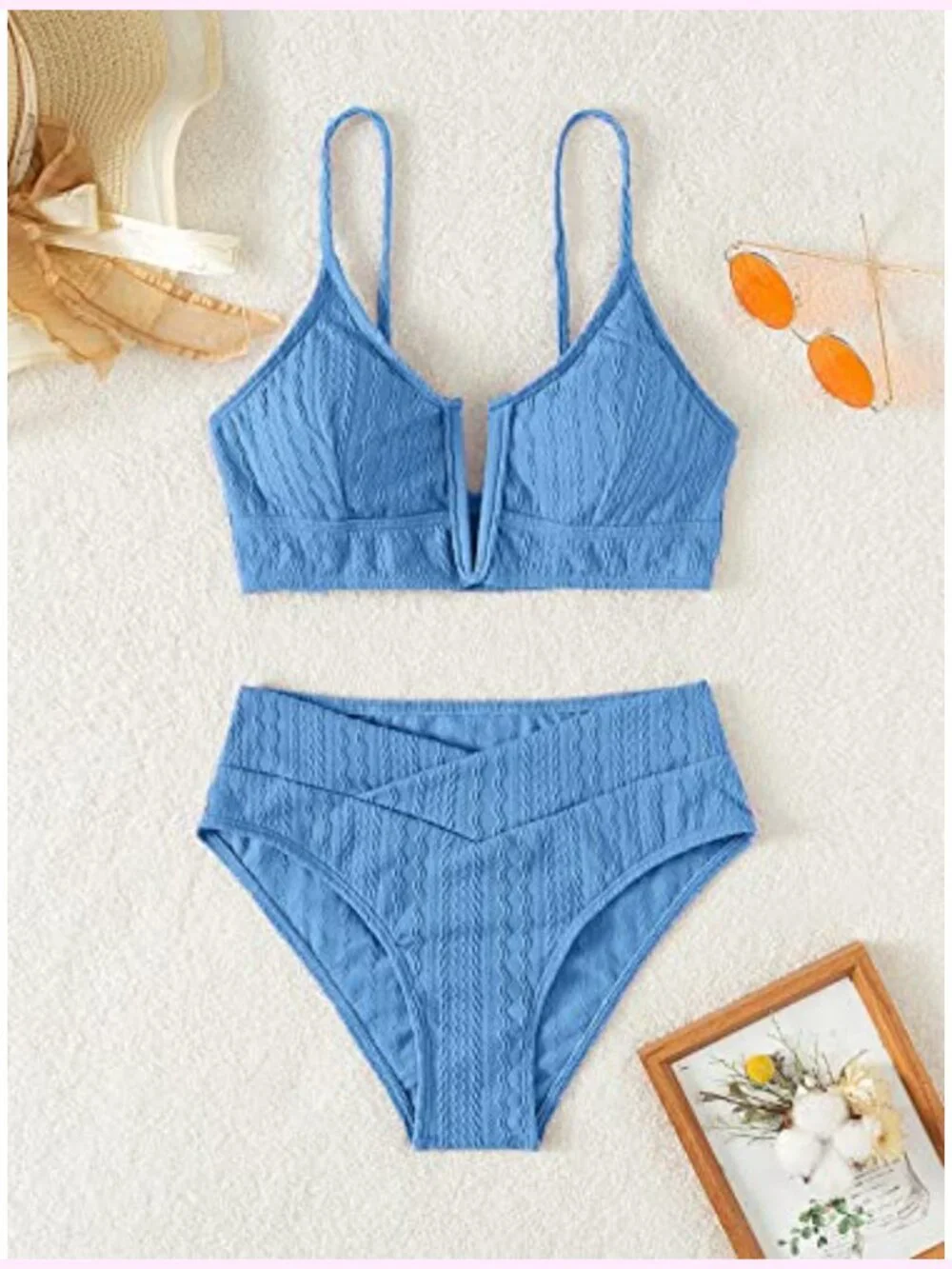 V Cut High Waisted Bikini Ribbed V-Wired Cami Two Pieces Swimsuit
